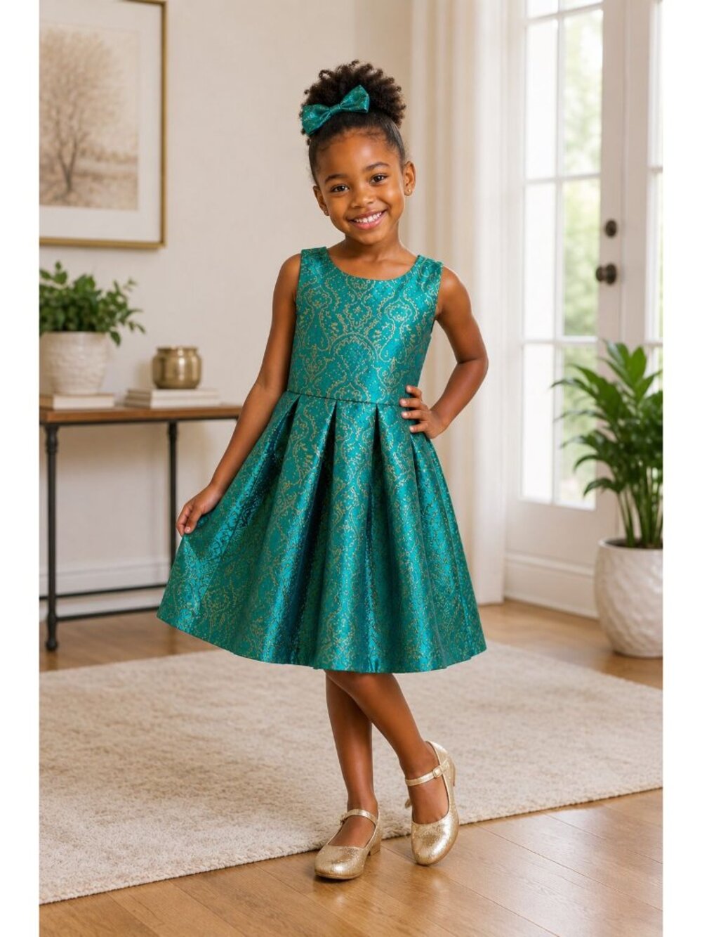 Place Little Girls Size 5 Dress Teal Sleeveless Gold Brocade Bow Back Party Chic - Picture 8 of 8